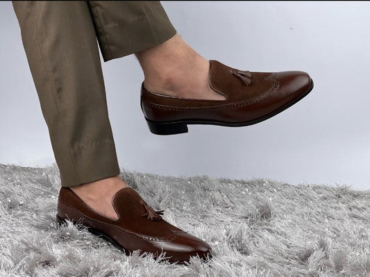 Brown Leather Tassel Loafers with Suede