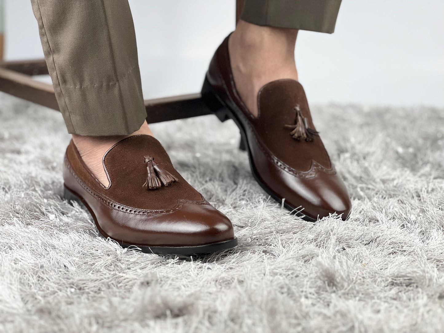 Brown Leather Tassel Loafers with Suede