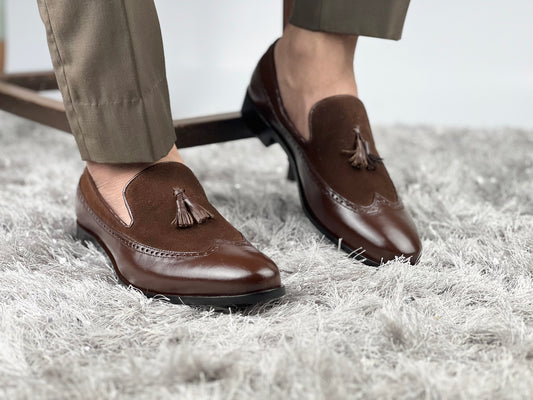 Brown Leather Tassel Loafers with Suede